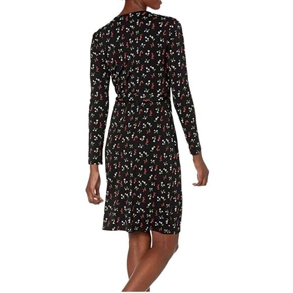 Lark & Ro Black floral long sleeve true wrap dress large dainty floral flowers m - Picture 15 of 16